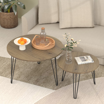 Nesting Coffee Table Set of 2, Round Stacking Side Tables with Metal Hairpin Legs, Modern Nesting Table for Living Room, Apartment, Small Space