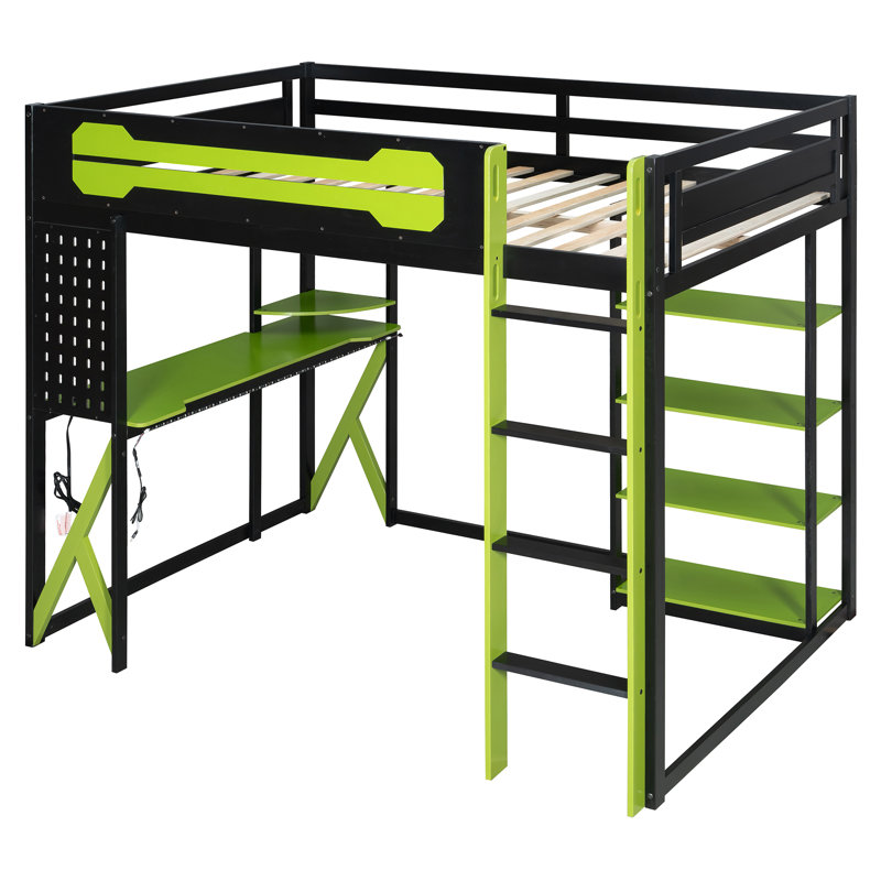 Full Size Wood Loft Bed with Desk, Shelves, Power Outlet & USB/Type-C Ports, , and RGB Light, Black+Green, Black/Green