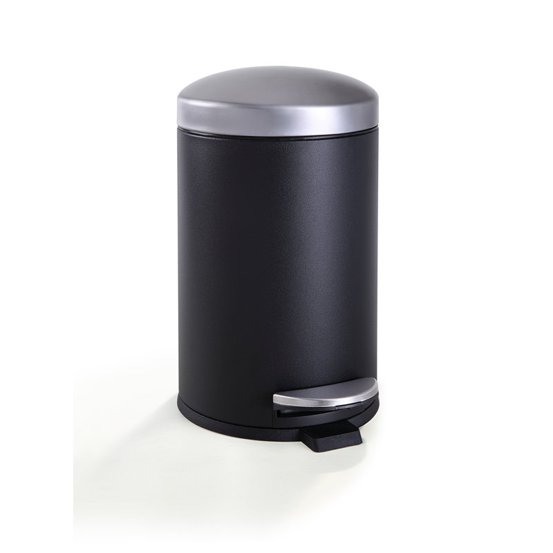 Compact Black and Silver Steel Step Trash Can with Slow Close Lid
