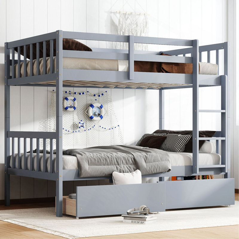Twin Over Twin Rubber Wood Bunk Bed With 2 Drawers, Convertible Into 2 Twin Beds, Twin Size Bunk Bed With Ladder And Safety Guardrails