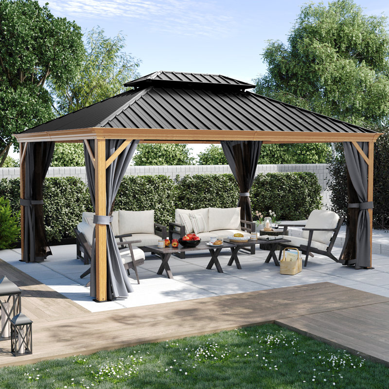 Pavillon de jardin en aluminium, Noir, l 12 pi x P 16 pi, Grain du bois