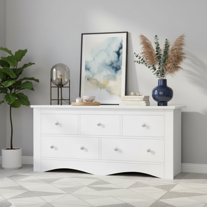 5-Drawer Wooden Dresser With Chest Storage, Bedroom Dresser & Tv Stand For Tvs Up To 65'', White