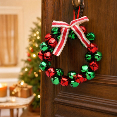 Christmas Wreath with Jingle Bells Ornaments Festive Hanging Garland Holiday Pendant for Indoor Wall Door and Party Space Decorative Supplies Christmas Decor Gifts