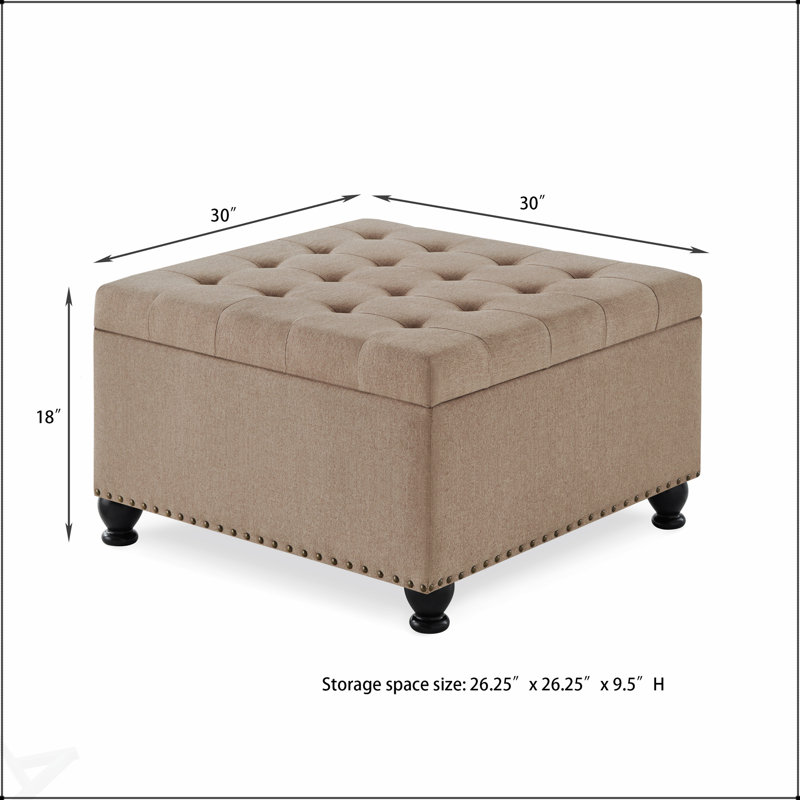 Large Square Storage Ottoman With Wooden Legs, Upholstered Button Tufted Coffee Table For Living Space, Linen