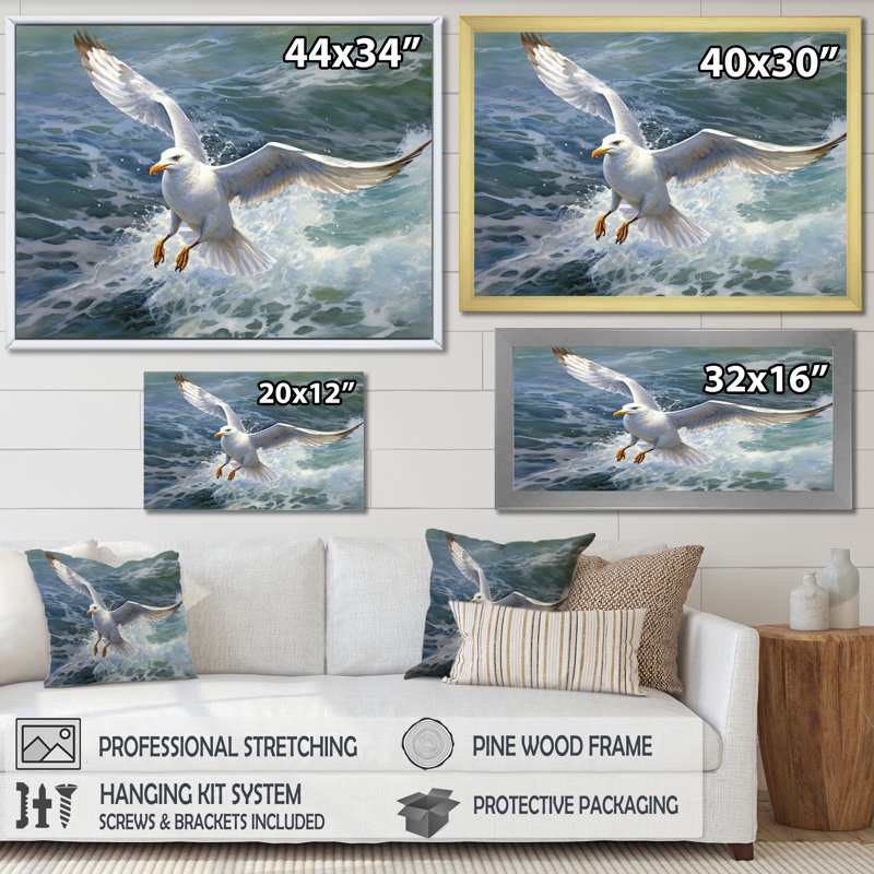 «Watchful Seagull IV», art mural sur toile, H 16 po x l 32 po x P 1 po, Cadre simple noir