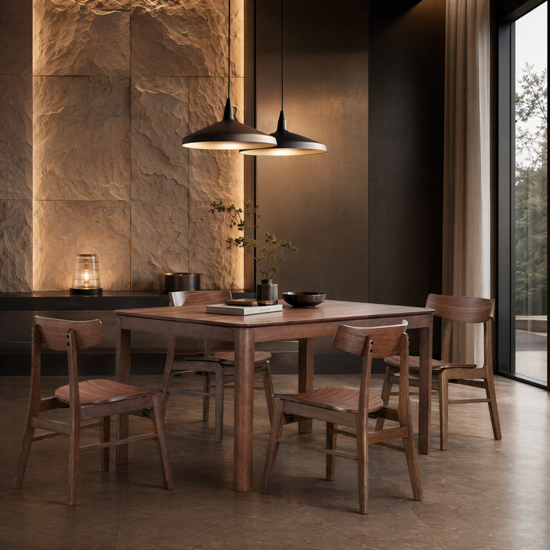 Solid Wood Dining Set with Sculpted Chairs, 4, Walnut