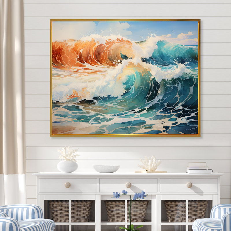 «Tropical Beach Waves Fusion IV» - Impressions sur toile nautiques et de plage, Cadre flottant doré