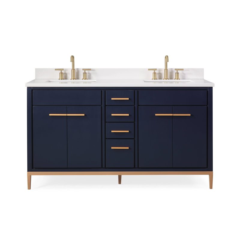 Navy Blue Double Sink Freestanding Bathroom Vanity with Brass Accents