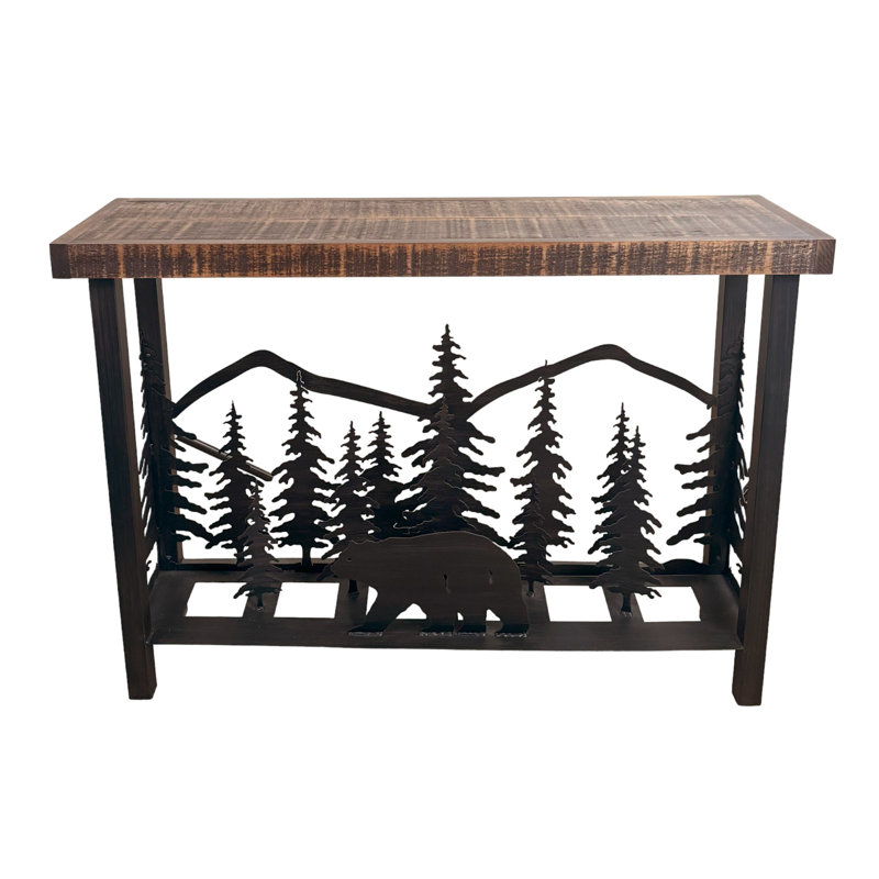 KODIAK IRON 3D SOFA TABLE WITH BEAR/FEATHER TREE ACCENT W/ ROUGH SAWN TOP, Black