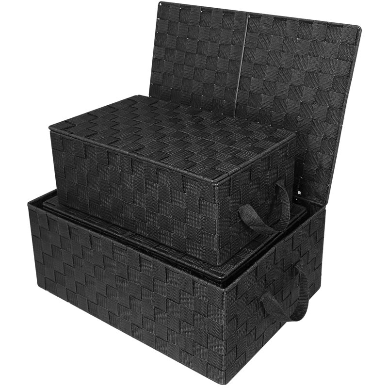 Black Woven Fabric Storage Baskets with Lids, Set of 3