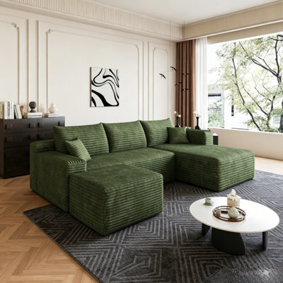 95" Green Chenille Cloud U-Shaped Sectional Sofa with Ottoman, Deep Seat, No Assembly