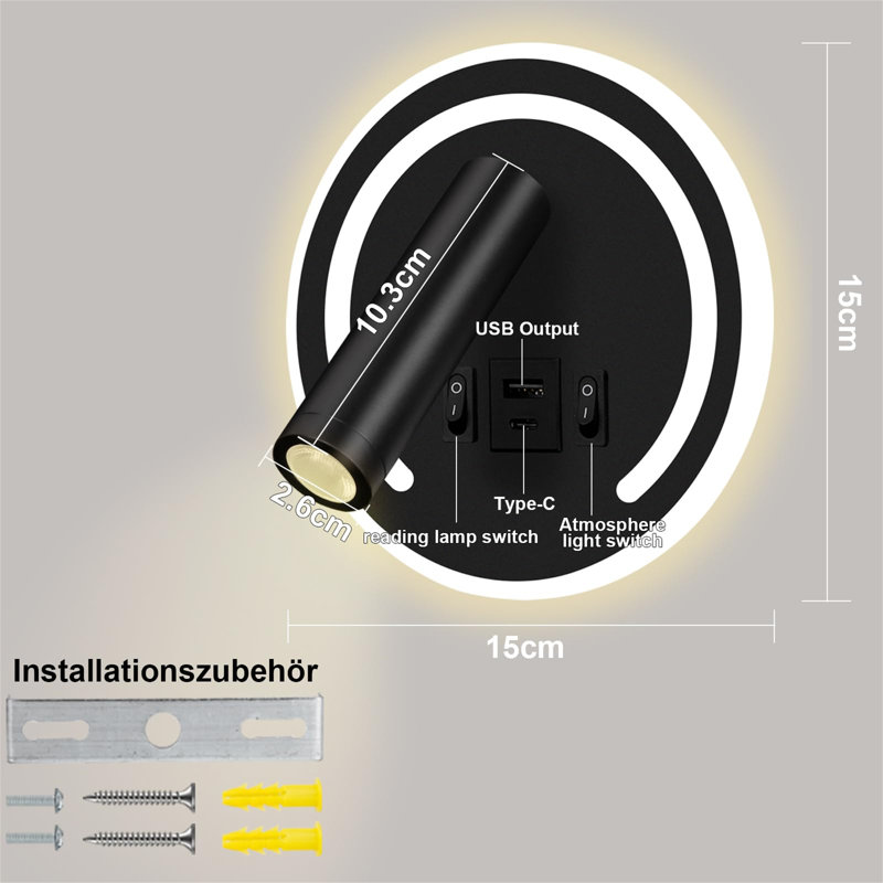 Wall-Mounted Rotating Bedside Lamp, Black