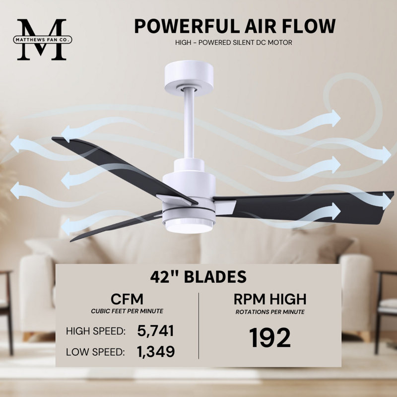 Alessandra - Three Blade Transitional Ceiling Fan -LED, Matte White, 42", Matte Black