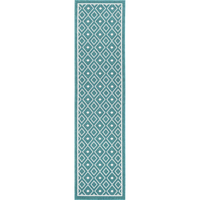 Tapis sarcelle géométrique intérieur / extérieur, Tapis de couloir 2 pi x 8 pi