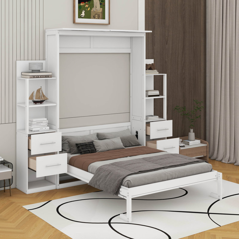 Lit escamotable double avec tablettes, tiroirs et DEL, Blanc