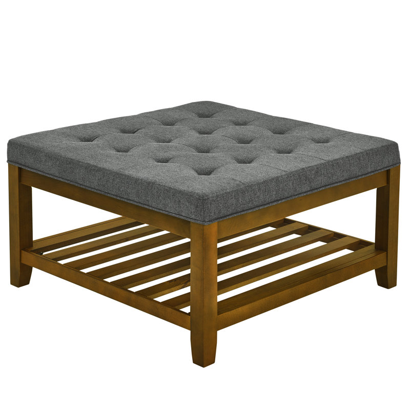 Table basse en bois de hêtre avec plateau en lin gris foncé et tablette à pieds réglables, utilisation polyvalente