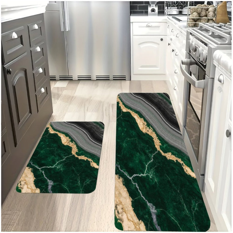 Tapis de cuisine en marbre vert et doré, tapis de sol pour la décoration intérieure, tapis de cuisine et de salle de bain 2 pièces