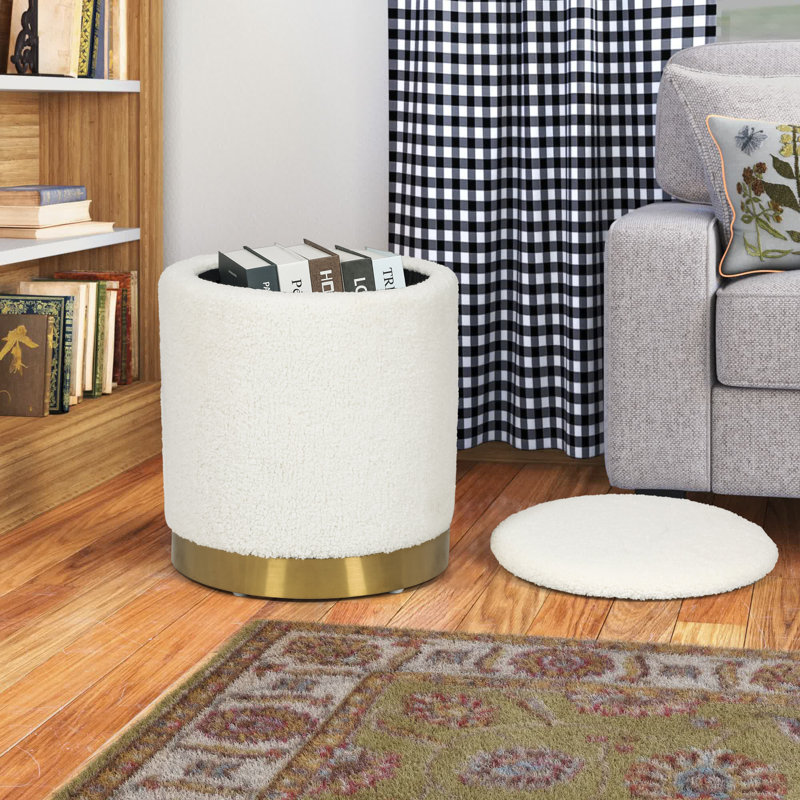 Teddy Fleece Round Ottoman With Storage, Off-White