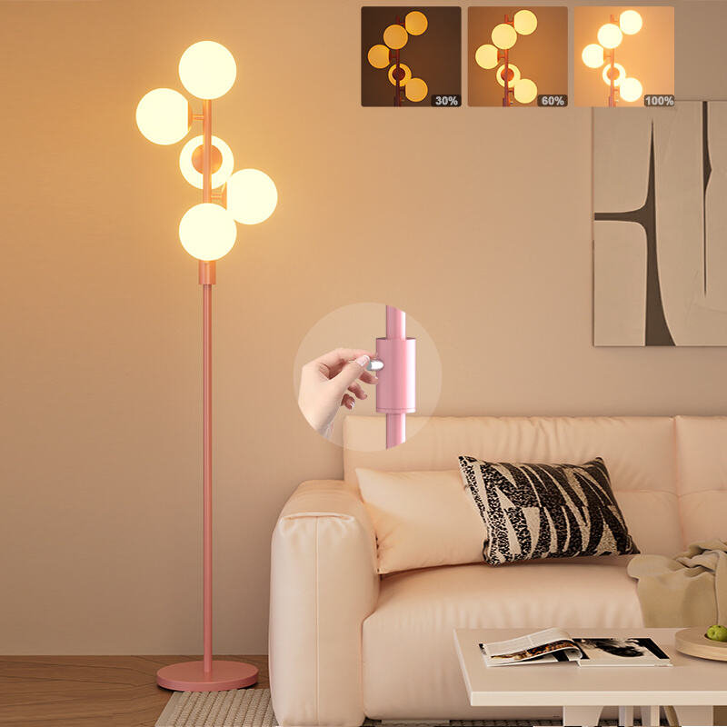 Dimmable Globe Floor Lamp Mid Century Modern Floor Lamp with 5Pcs 3000K G9 Bulbs Stepless Brightness Adjustable Standing Lamps with Stable Base for Living Room Bedroom Office