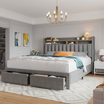 Francille Upholstered Bed Frame with Headboard，Storage Bed with 2 Drawers