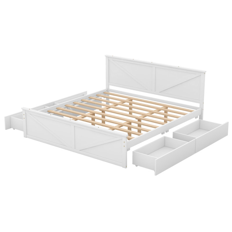 Lit plateforme en bois avec quatre tiroirs de rangement et pieds de soutien, Blanc, Très grand lit