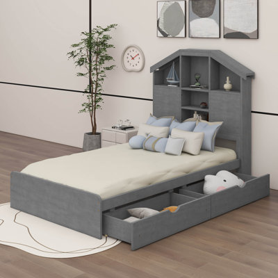 Aghadolgan Twin Size Wood Platform Bed with House-shaped Storage Headboard and 2 Drawers -  Red Barrel StudioÂ®, 2F2C8139B21C403C99D798261C454E86