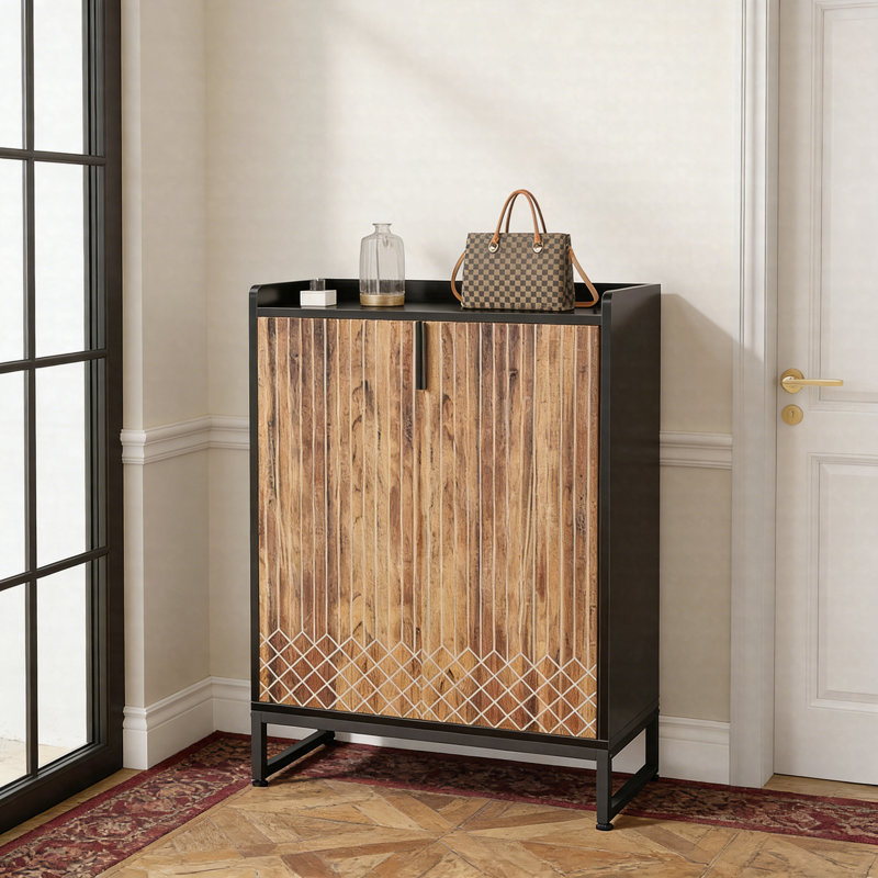 Modern Shoe Cabinet With Doors, 5-Tier Entryway Shoe Storage Organizer With Metal Legs, Brown/Black