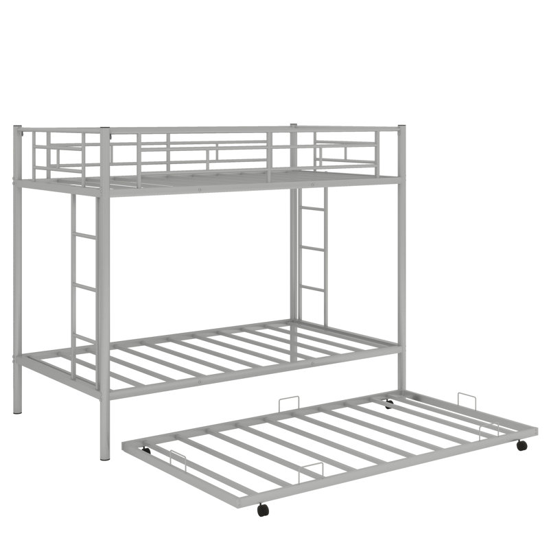 Lit superposé simple en métal avec lit gigogne, deux échelles et garde-corps sécurisés, Argent argent