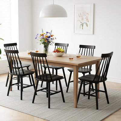  17.5" W Farmhouse Windsor Solid Wood Dining Chairs, Side Chairs Set of 6,Black