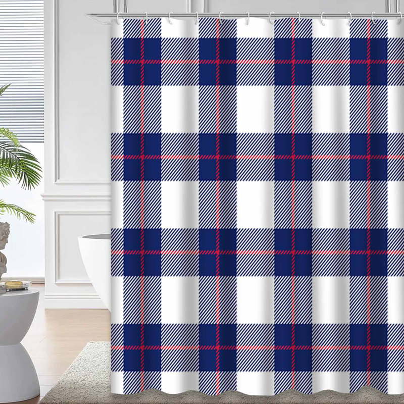 Rideau de douche bleu à motif écossais bleu et rouge avec 12 crochets, L 72 po x l 78 po