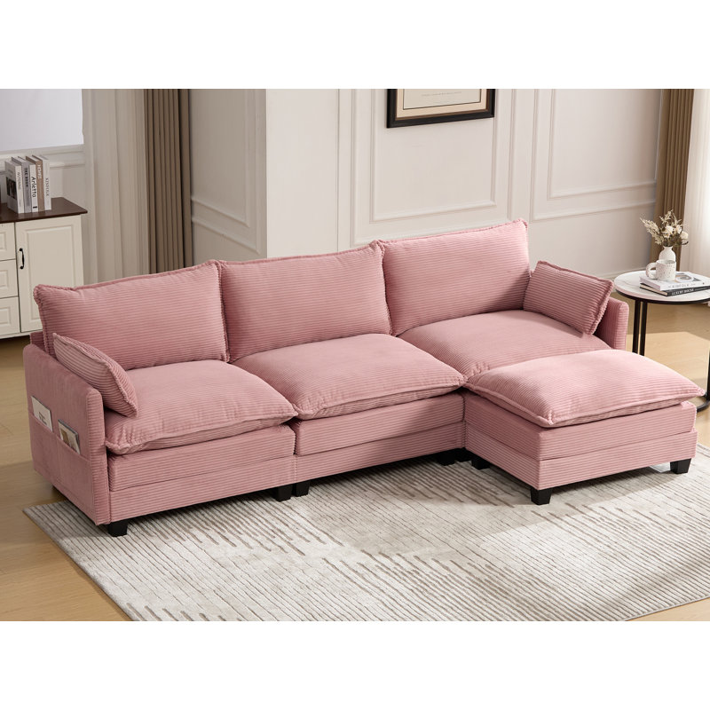Canapé modulaire à méridienne pièce, Velours côtelé rose