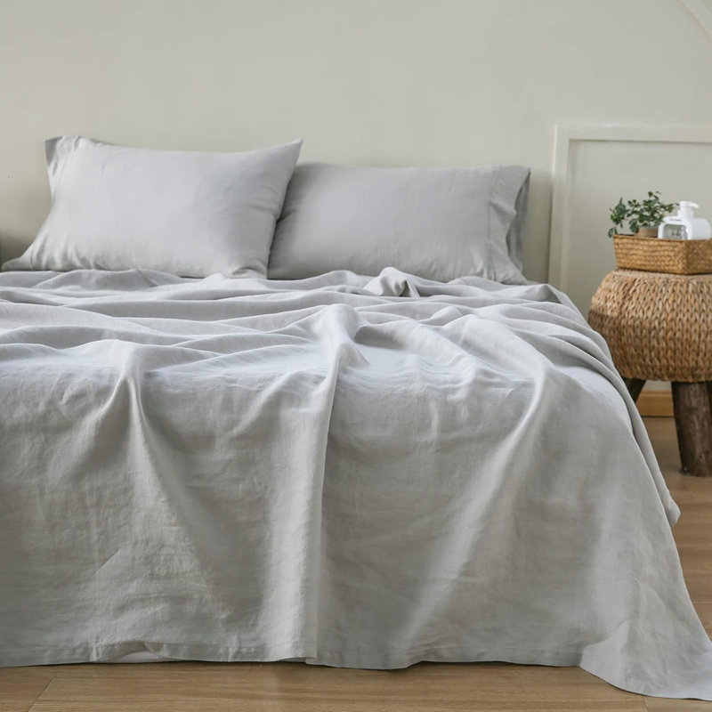 French Flat Sheet With Embroidered Border-100% Stone Washed Flax Bedding, Gray, Queen