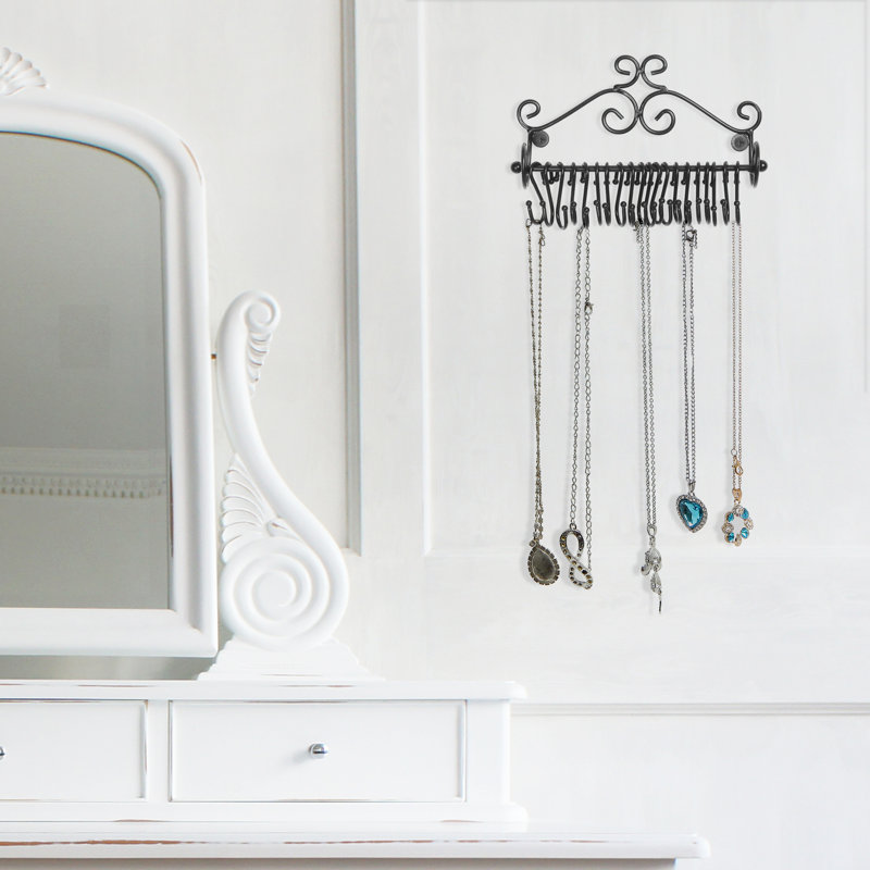 Wall Mounted Jewellery Holder – Set of 2 Black Metal Scrollwork Necklace and Bracelet Organizer with 20 S-Hooks