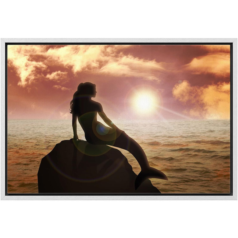 «Mermaid On A Rock At Sunset Fantasy and Sci-Fi Ocean Illustration Modern Art Nautical» sur toile, Cadre blanc