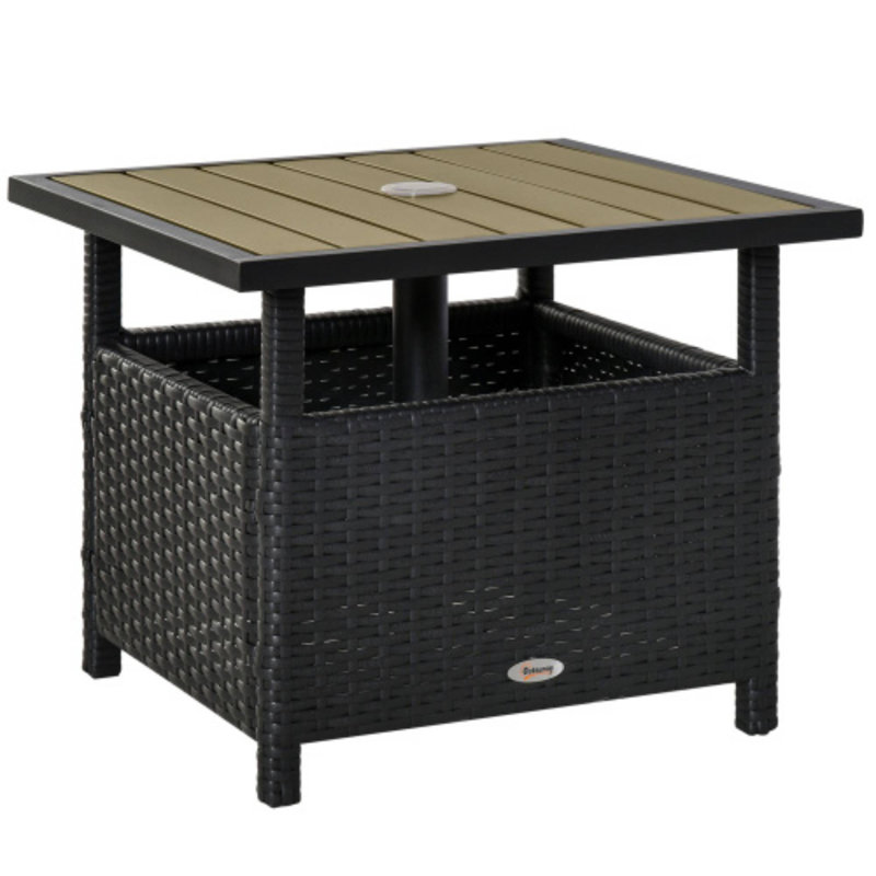 Black & Tan Outsunny 22'' Side Table, Rattan Wicker Steel Frame With Umbrella Hole