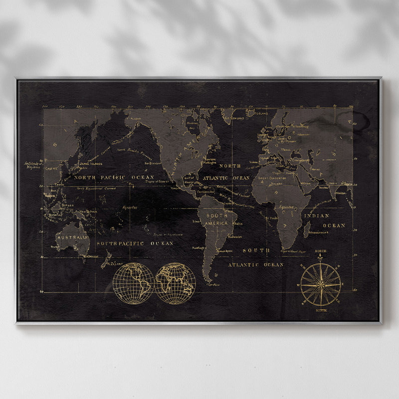 «Black Gold Map», reproduction encadrée sur toile, H 17 po x l 25 po x P 2 po, Argent