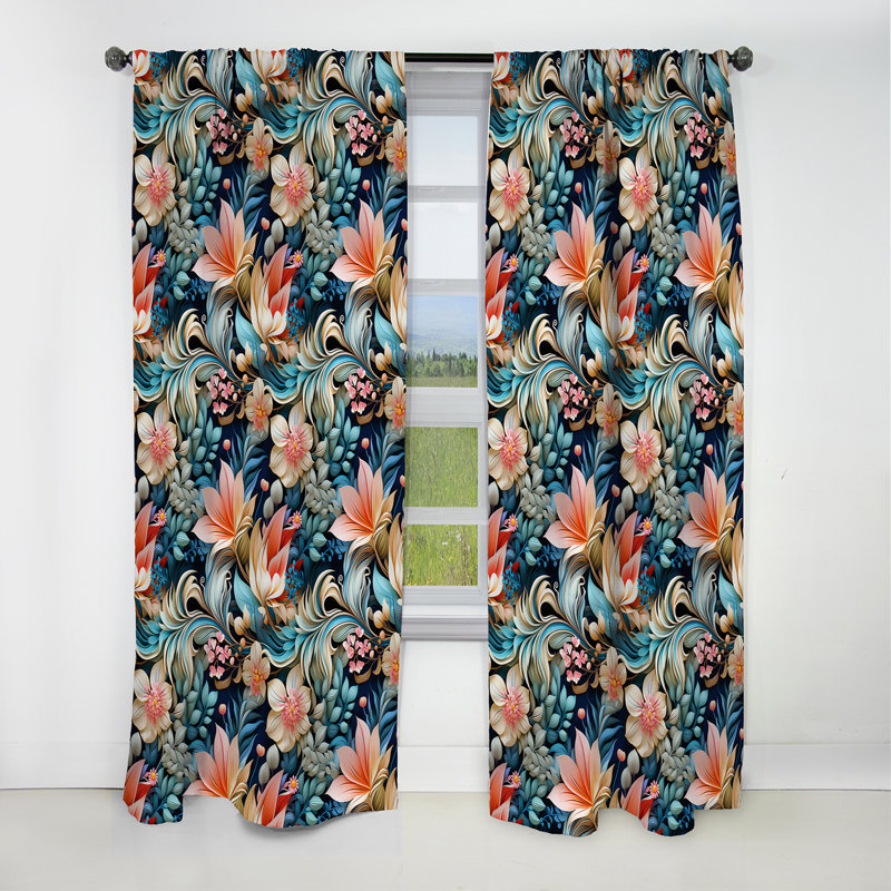 Motif botanique à motif cachemire bleu et rose avec motif floral II - 1 panneau, L 52 po x L 120 po