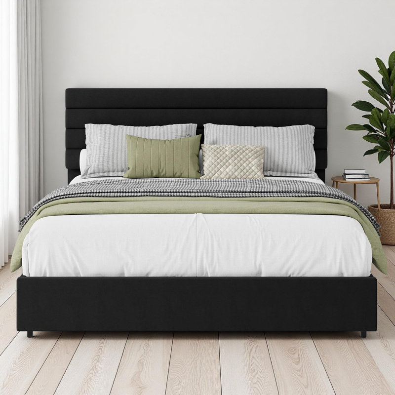 Lit plateforme moderne en velours avec 4 tiroirs de rangement - Tête de lit moelleuse - Sommier à lattes robustes - Montage facile - Mobilier de chambre - Noir, 140 cm