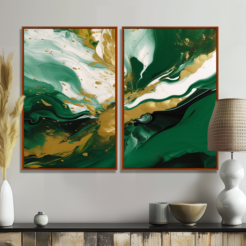 Vert et or liquide Magic II - art mural abstrait, Brun, H 36 po x l 48 po, Impression encadrée flottante