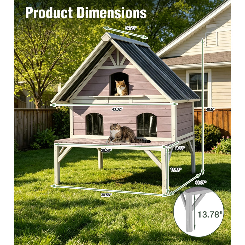 Grande maisonnette d'extérieur pour chat en bois imperméable pour 2 étages avec toit imperméable, grand balcon de porche, portes de secours