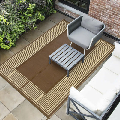 Waterproof Reversible Outdoor Area Rug 8*10ft - Lightweight Plastic Straw Mat - UV & Mark Resistant - Modern Brown Coffee Stripe -Peony Brown