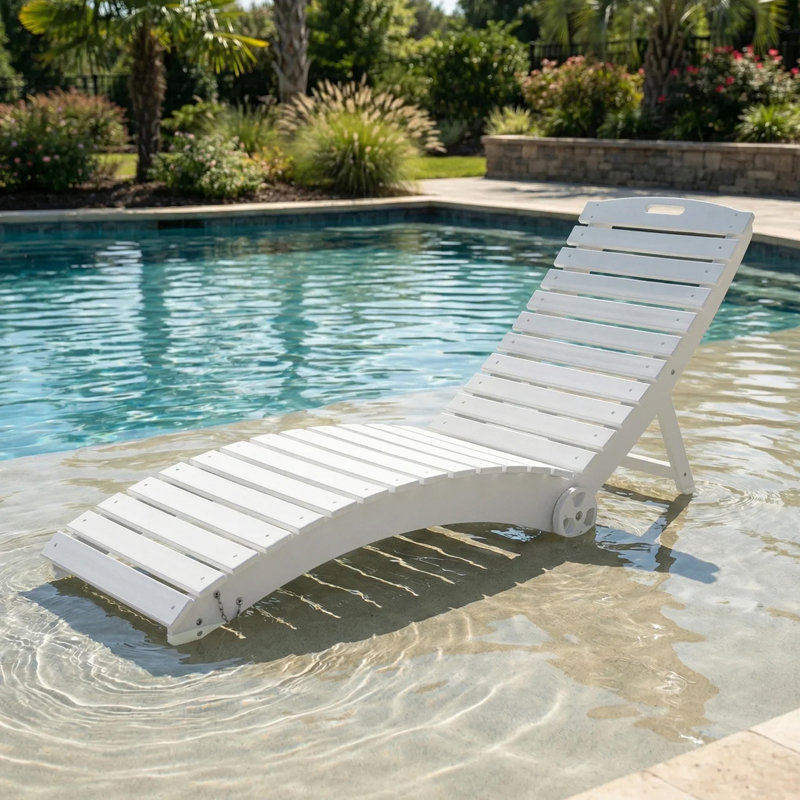 Folding Pool Lounge Chair with Wheels, White