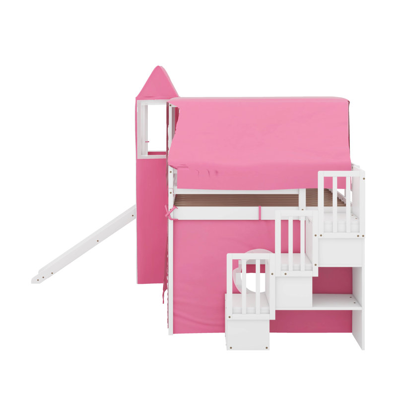 Lit mezzanine double avec tour et tente, Rose