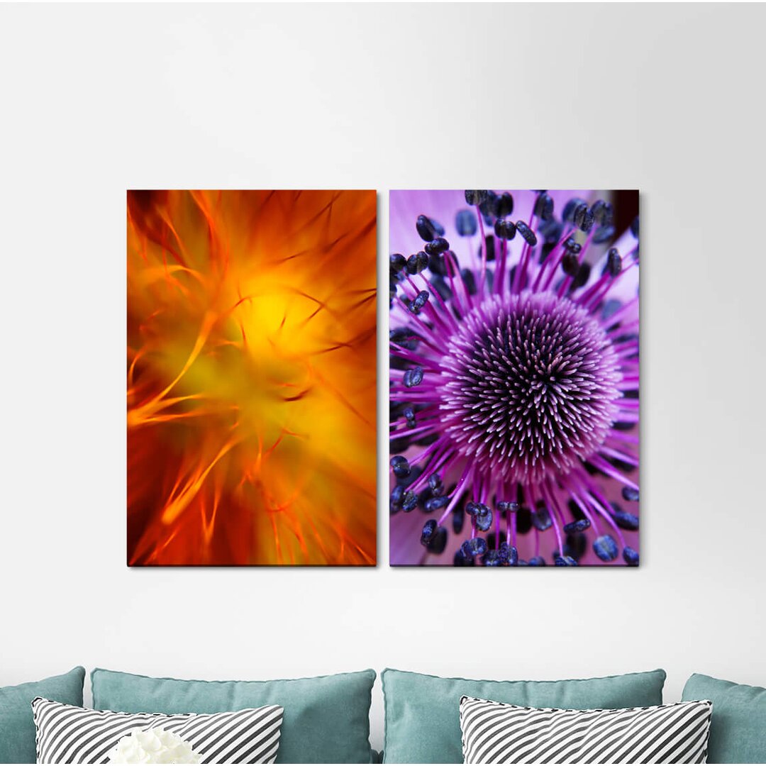 2-tlg. Leinwandbilder-Set - Grafikdruck „Asters Flowers Blossoms Orange Violet”