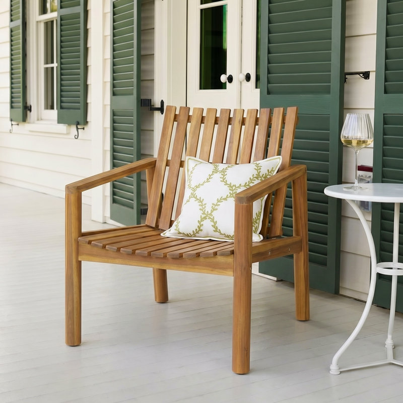 Kenmare Modern Rustic Acacia Wood Outdoor Lounge Chair with Slatted Back and Curved Seat, Teak, 1