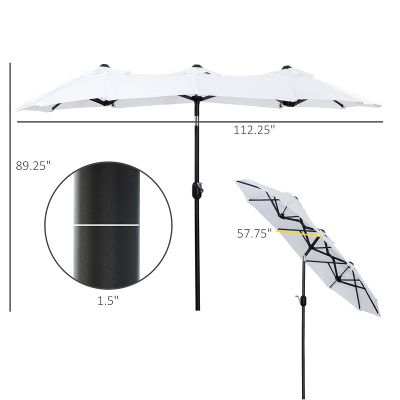 Parasol de patio 9,5 'à double face - Bouton poussoir inclinable et manivelle, 3 bouches d'aération 12 nervures, blanc