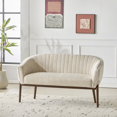Mid-century Modern Loveseat With Curved Armrest, Fabric Upholstery & Tapered Wood Legs - Beige And Walnut