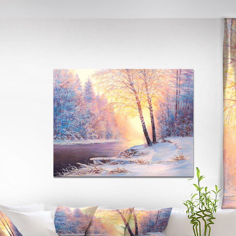 Paysage d'hiver avec une rivière - impression d'art graphique, H 20 po x l 20 po x P 1 po, Toile tendue