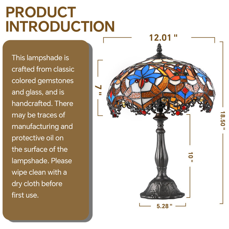 Lampe de table baroque 18,5 po Tiffany, abat-jour en verre coloré fait à la main et ampoule incluse