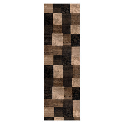 10' Brown Black and Tan Geometric Power Loom Runner Rug